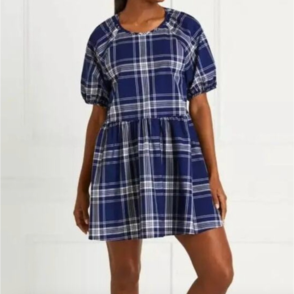 Hill House Womens Adeline Dress Small Navy Blue Plaid Babydoll Puff Sleeve